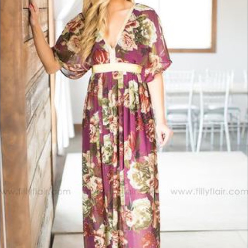 A floral and burgundy maxi-dress